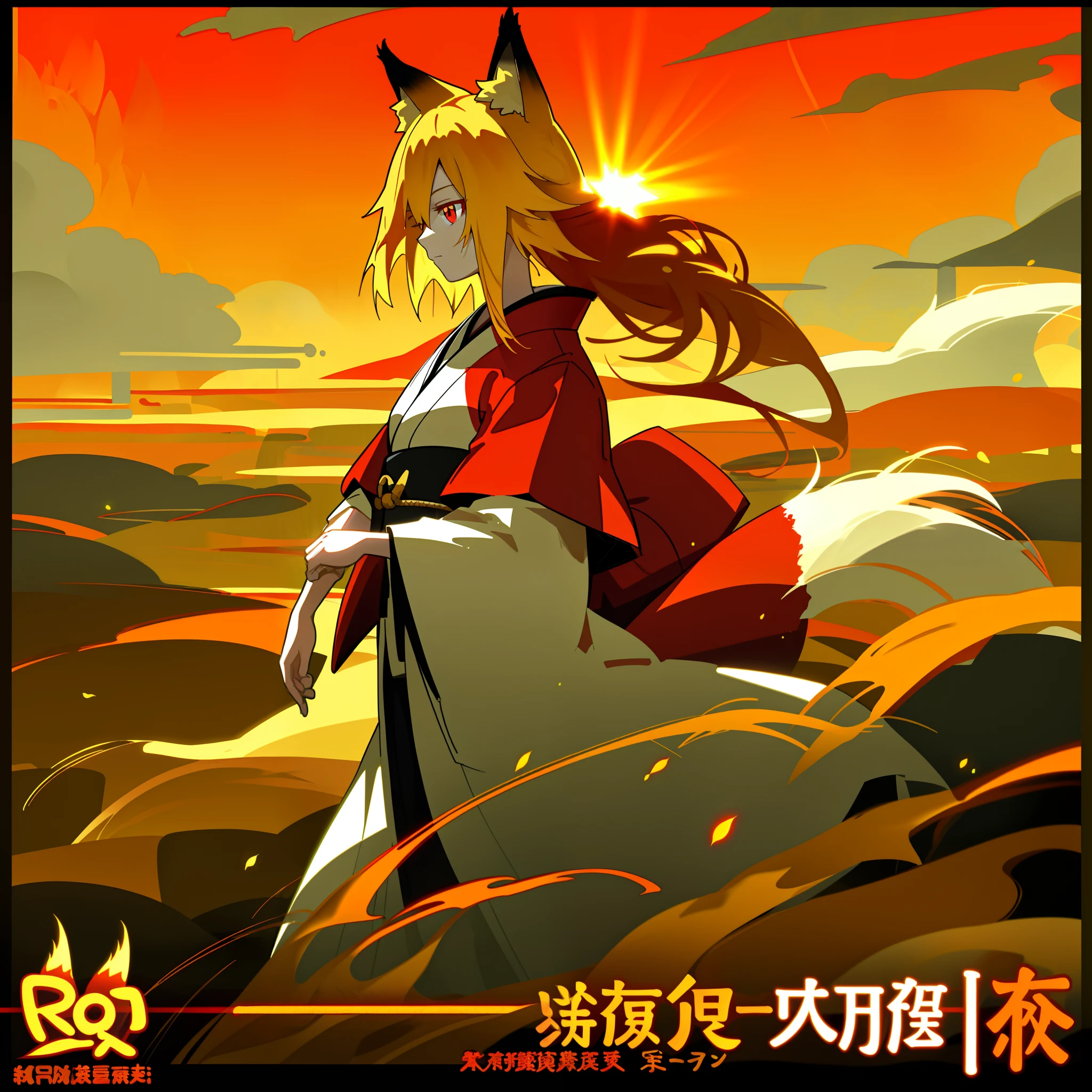 Anime, roxanne, dog ears, (dog tail), flying through the sky, golden leotard armor, In Battle, Chaos, shooting laser beams from hands, masterpiece ,pantyhose, boots,magicalgirl body suit, large skirt, smile, long skirt,standing, forest,smile, gold eyes