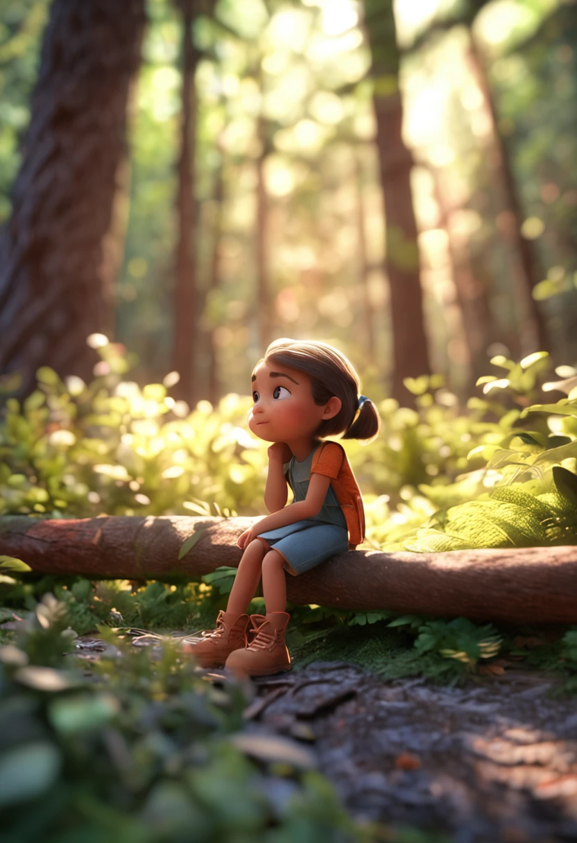 A 3D cartoon of a cute sitting in the woods with her eyes closed, sunlight streaming through the leaves,Quiet, peaceful, dreamy