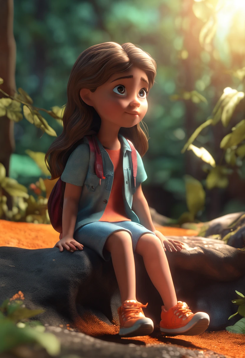 A 3D cartoon of a girl sitting in the woods with her eyes closed, sunlight streaming through the leaves,Quiet, peaceful, dreamy