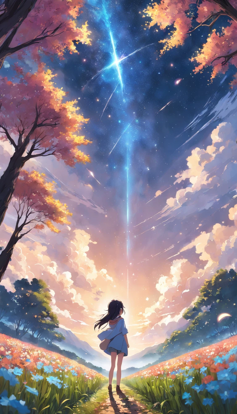 Makoto Shinkai, Expansive landscape photograph , (View from below,STARS DAYTIME SKY), a girl standing on flower field looking up, ( meteors:0.9), (Starcloud:1.3), Far Mountain, Tree forest BREAK Production Art, (stars daytime sky:1.2), (Firefly:1.2), stars daytiime sky