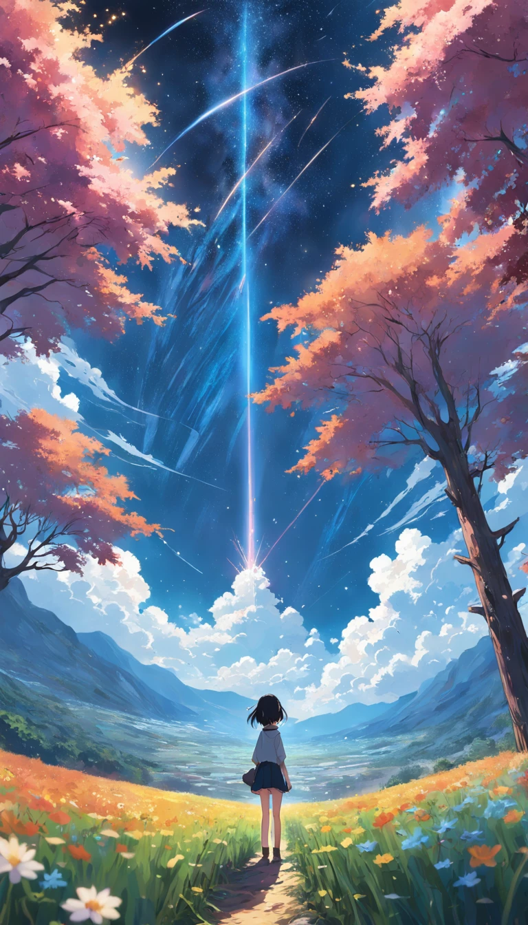 Makoto Shinkai, Expansive landscape photograph , (View from below,STARS DAYTIME SKY), a girl standing on flower field looking up, ( meteors:0.9), (Starcloud:1.3), Far Mountain, Tree forest BREAK Production Art, (stars daytime sky:1.2), (Firefly:1.2), stars daytiime sky
