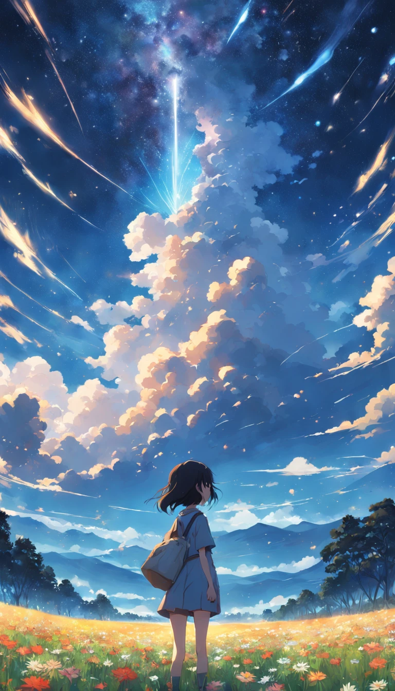 Makoto Shinkai, Expansive landscape photograph , (View from below,STARS DAYTIME SKY), a girl standing on flower field looking up, ( meteors:0.9), (Starcloud:1.3), Far Mountain, Tree forest BREAK Production Art, (stars daytime sky:1.2), (Firefly:1.2), stars daytiime sky