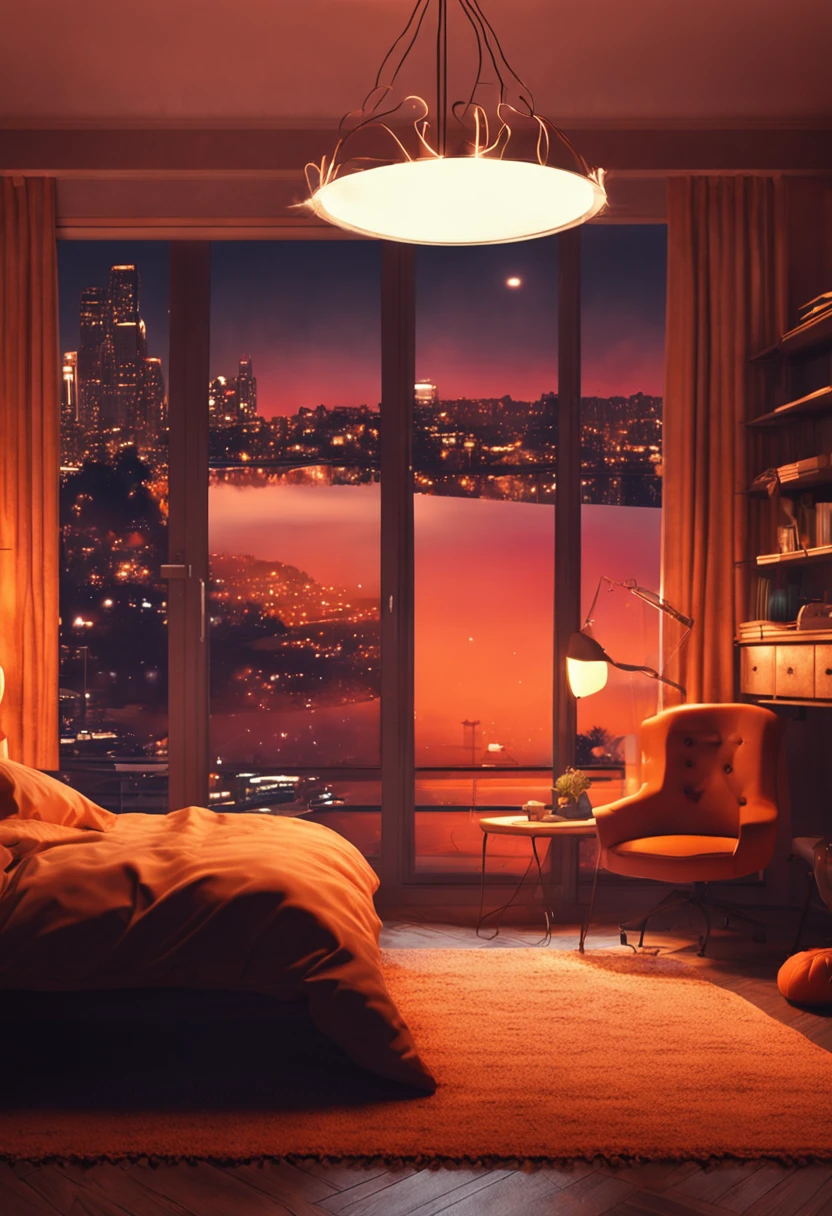 scenery at night in a bedroom orange by the light of the lamp, with a bed with a lot of details, in the background a window with raindrops