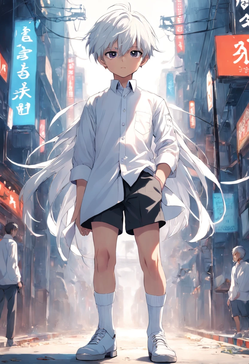 short detailed hair:(silver hair:1.2), dressed in:(white shirt), (white pants), dressed in:(socks)。()