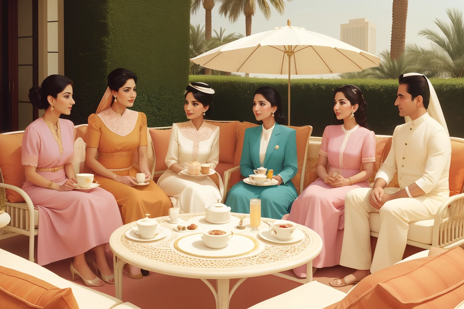 Year: 2000
Country: Kuwait
Description: In a luxurious Kuwait City hotel, a group of upper-middle-class friends gather for an elegant afternoon tea on a sunny terrace. Their pastel-colored attire matches the vintage parasols and cushions, creating a charming and refined scene.
