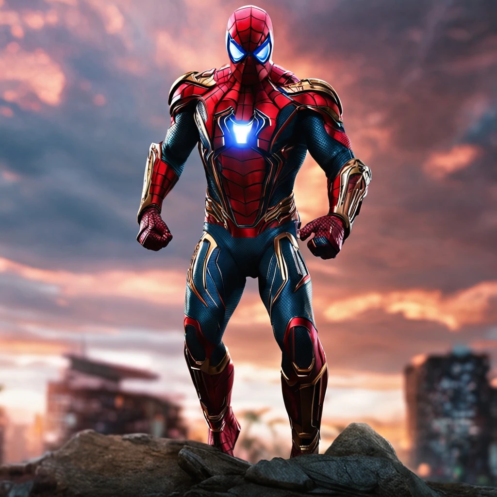 16 aspect ratio frame:9, 4k, Super detailed photos, Spiderman is busy 1 iron armor with Ironman technology, red-green armor, There are cool tech details,