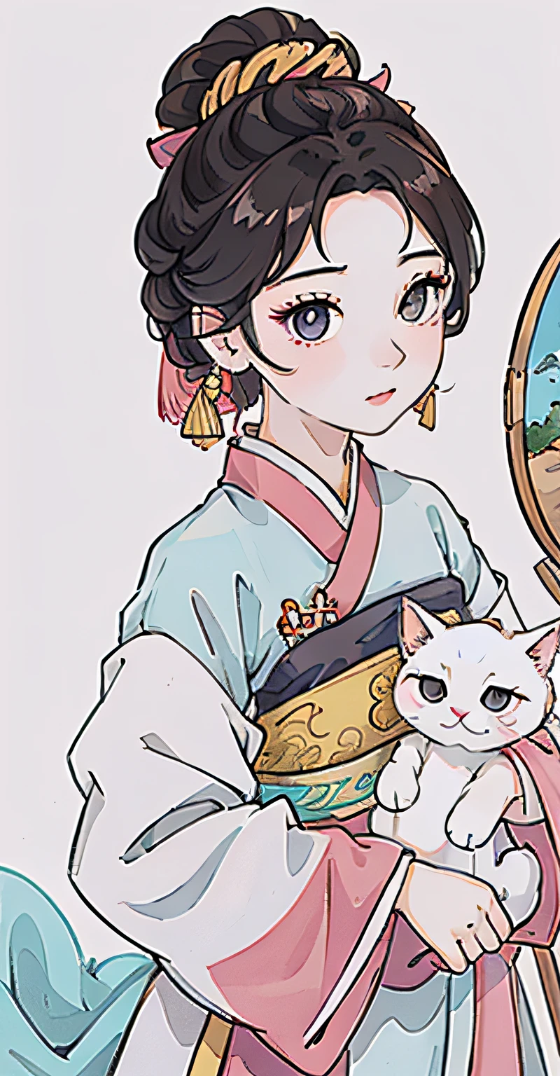 Close-up of a woman in a pink cyan dress and red earrings, Chinese girl, Palace , A girl in Hanfu, China Princess, Realistic cute girl painting, Chinese traditional, Chinese woman, Chinese style, beautiful digital painting, Gorgeous digital painting, lovely digital painting, high quality portrait, Beautiful digital artwork, Beautiful character painting, Korean girl, Princesa chinesa antiga,(Black colored eyes),Holding a white kitten in his hand