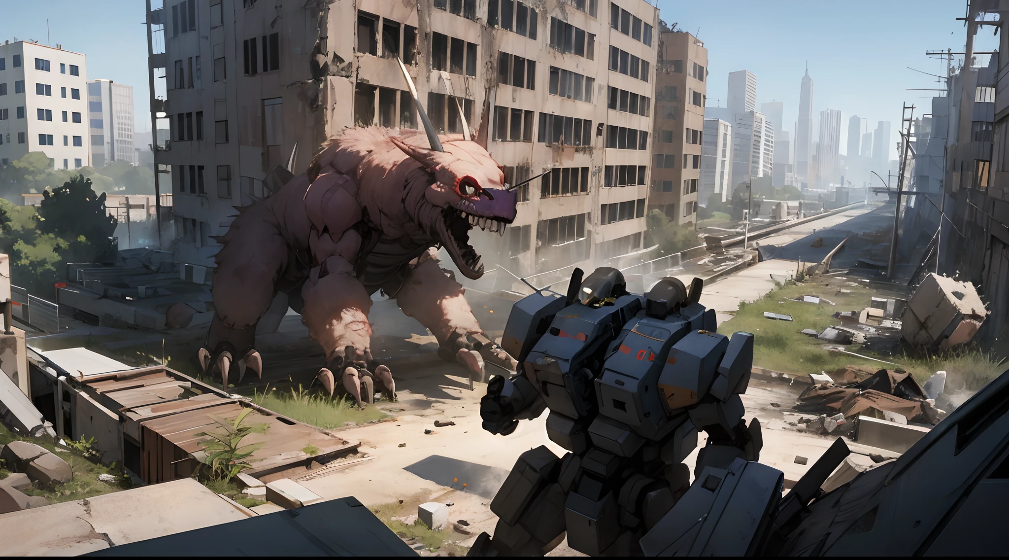 Mechs vs. monsters,The end of the world,city ruins