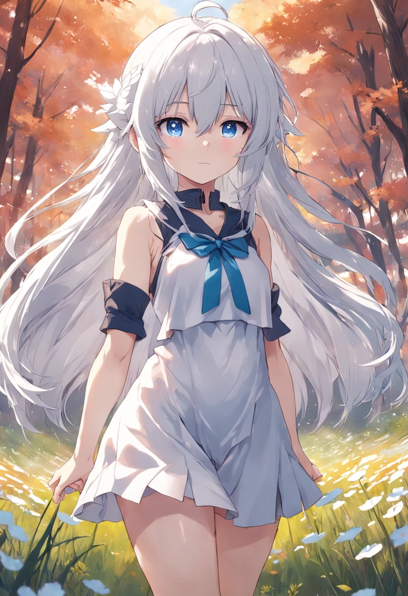 Woman with long white hair and blue eyes standing in meadow,Anime visuals of cute girls, Girl with white hair, perfect gray hair girl, white haired god, white hair, Kantai Collection Style, anime clouds, young anime girl, anime moe art style, Anime Best Girl, (Anime Girl), an anime girl, white-haired girl,flowing white hair,Smaller chest,Sleeveless、Camisole,small tits, (8K, Raw photography, top-quality, masterpiece:1.2), (realisitic, Photorealsitic:1.37), ultra-detailliert, 1 rapariga, 独奏, cute little, Beautiful detailed sky,elementary student,(((sleeveless)))