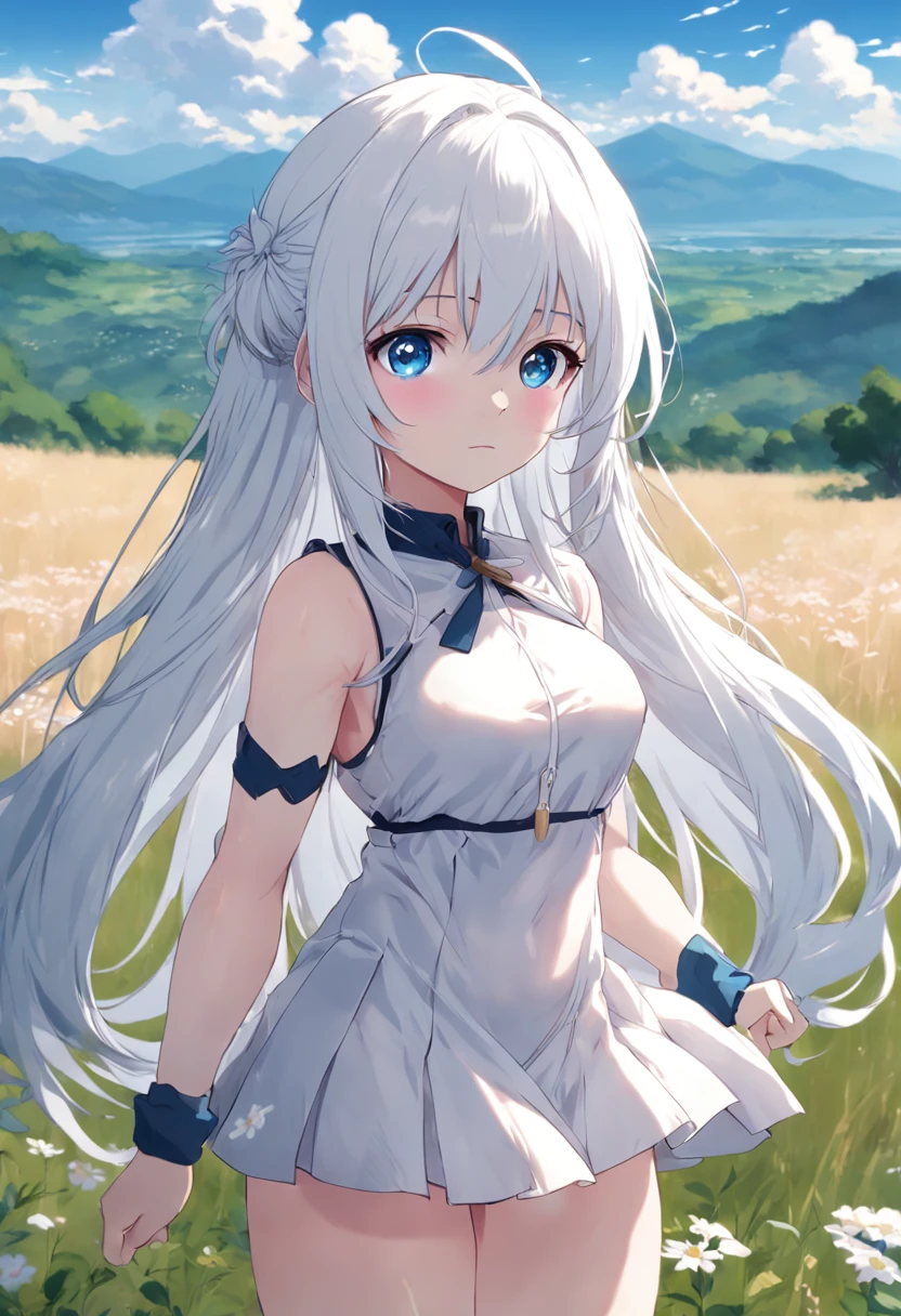 Woman with long white hair and blue eyes standing in meadow，Anime visuals of cute girls, Girl with white hair, perfect gray hair girl, white haired god, white  hair, Kantai Collection Style, anime clouds, young anime girl, anime moe art style, Anime Best Girl, (Anime Girl), an anime girl, white-haired girl，flowing white hair，Smaller chest，Sleeveless、Camisole，small tits, (8K, Raw photography, top-quality, ​masterpiece:1.2), (realisitic, Photorealsitic:1.37), ultra-detailliert, 1 rapariga, 独奏, cute little, Beautiful detailed sky,elementary student，(((sleeveless)))