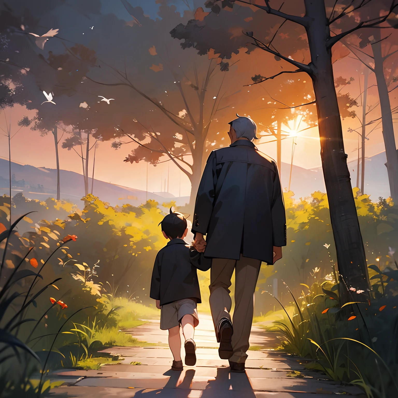 A heartwarming scene: father and son holdind hand, walking on the hill, watching the sunset, listening to the sound bird, the boy staring intently at the scenery in front of him, and the father smiling at his son, best shadow.