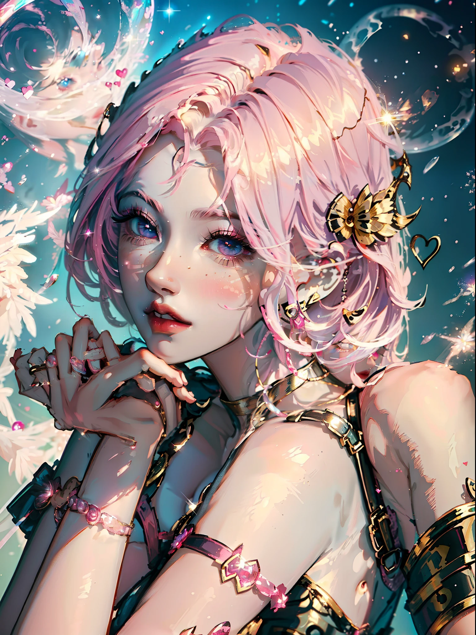 masterpiece++, dynamic posing++, angels++, cupid, sexy togas++, 2 girls+++, white short hair with pink highlights+++, sparkly eyes++, light skin++,pink eyes++, juicy lips++, full lips++, hearts++, pushing boobs together++, long black hair with blue highlights+++, dark skin++++, honey eyes++, galaxy eyes++, heaven background++, big boobs+++, thick thighs++, small waist+++