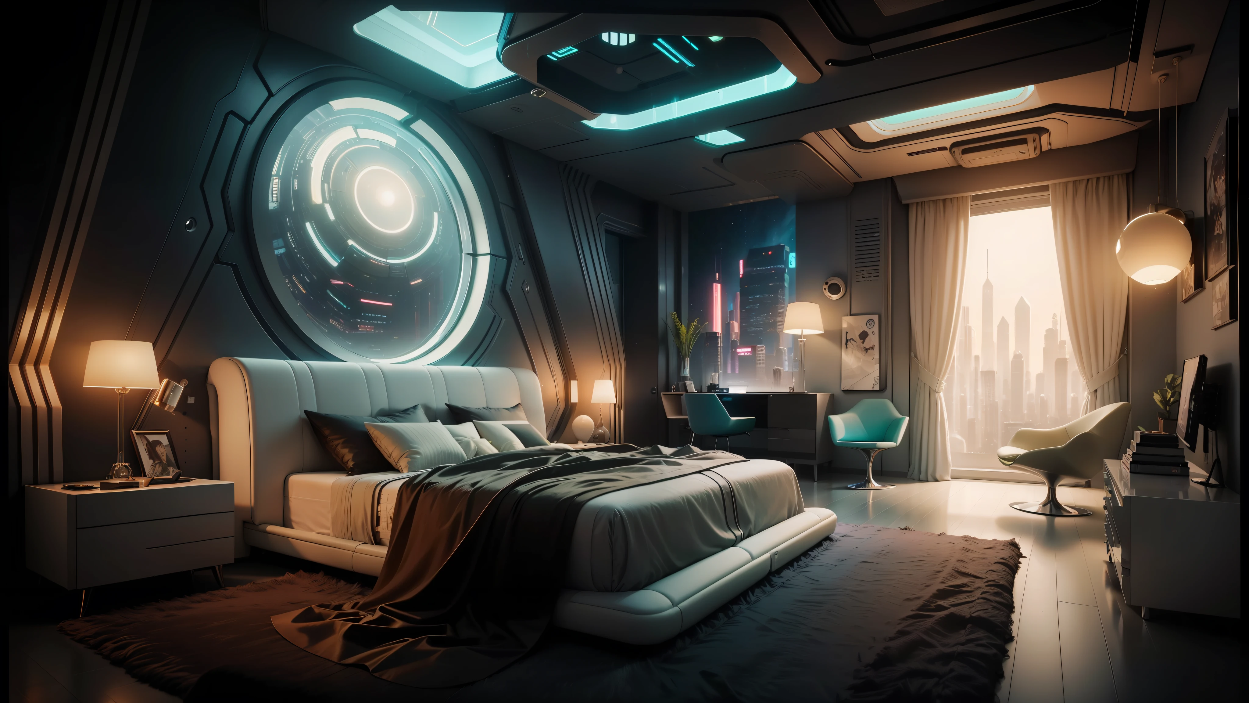 a close up of a bed in a room with a skylight, futuristic room background, futuristic room, retro futuristic apartment, cozy 9 0 s bedroom retrofuturism, futuristic interior, sci - fi interior, cyberpunk ager bedroom, futuristic decor, futuristic. game cg, galaxy themed room, cyberpunk apartment, realistic space, cyberpunk childrens bedroom, dawn cgsociety --auto --s2