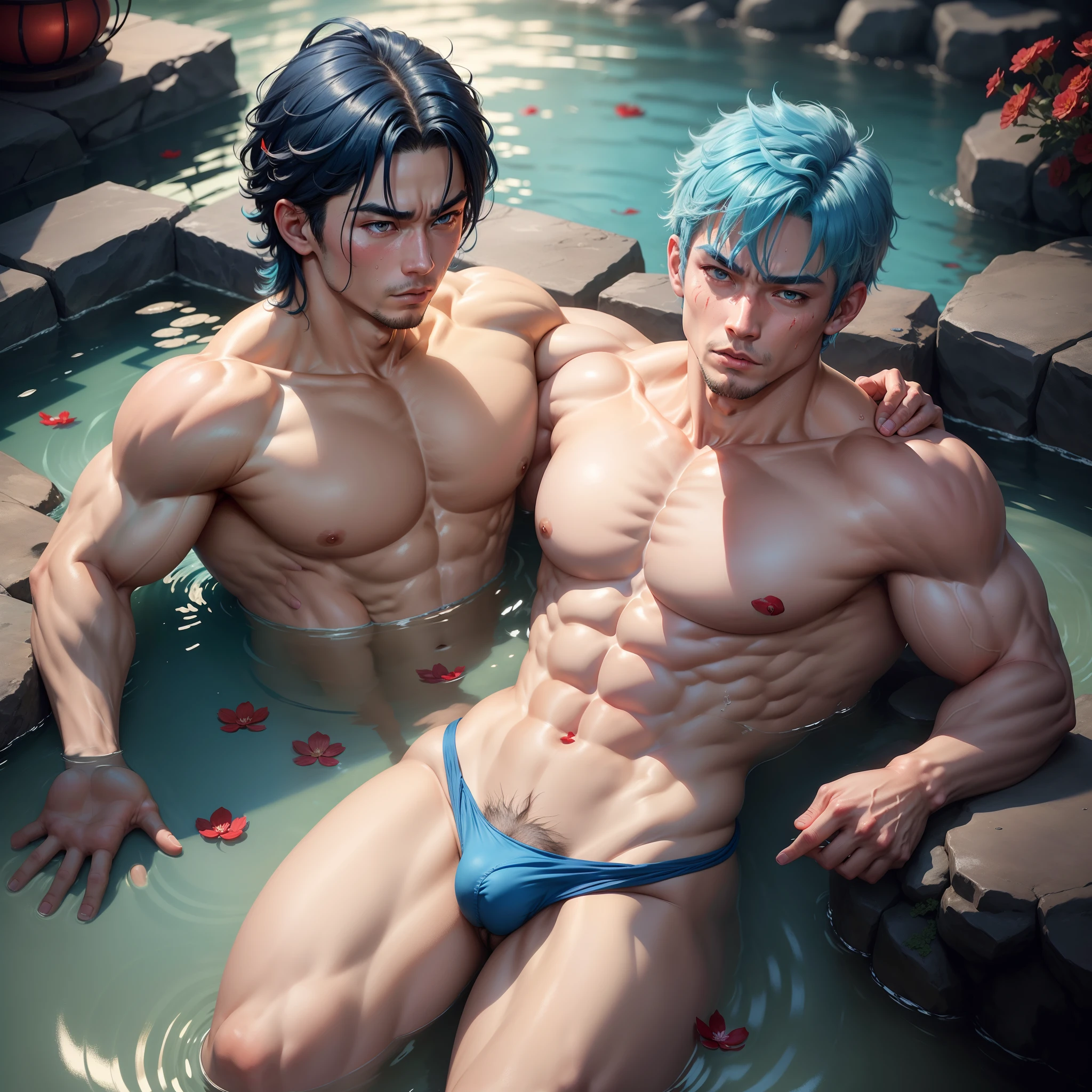 hot onsen,musculature,Macho man,blue hair, Red eyes,big breasts exposed cleavage,,chest muscle,Abs,,There are falling petals on the surface of the water,The expression is beautiful,time,moisty,Be red in the face,whiteskin,schoolboy,male