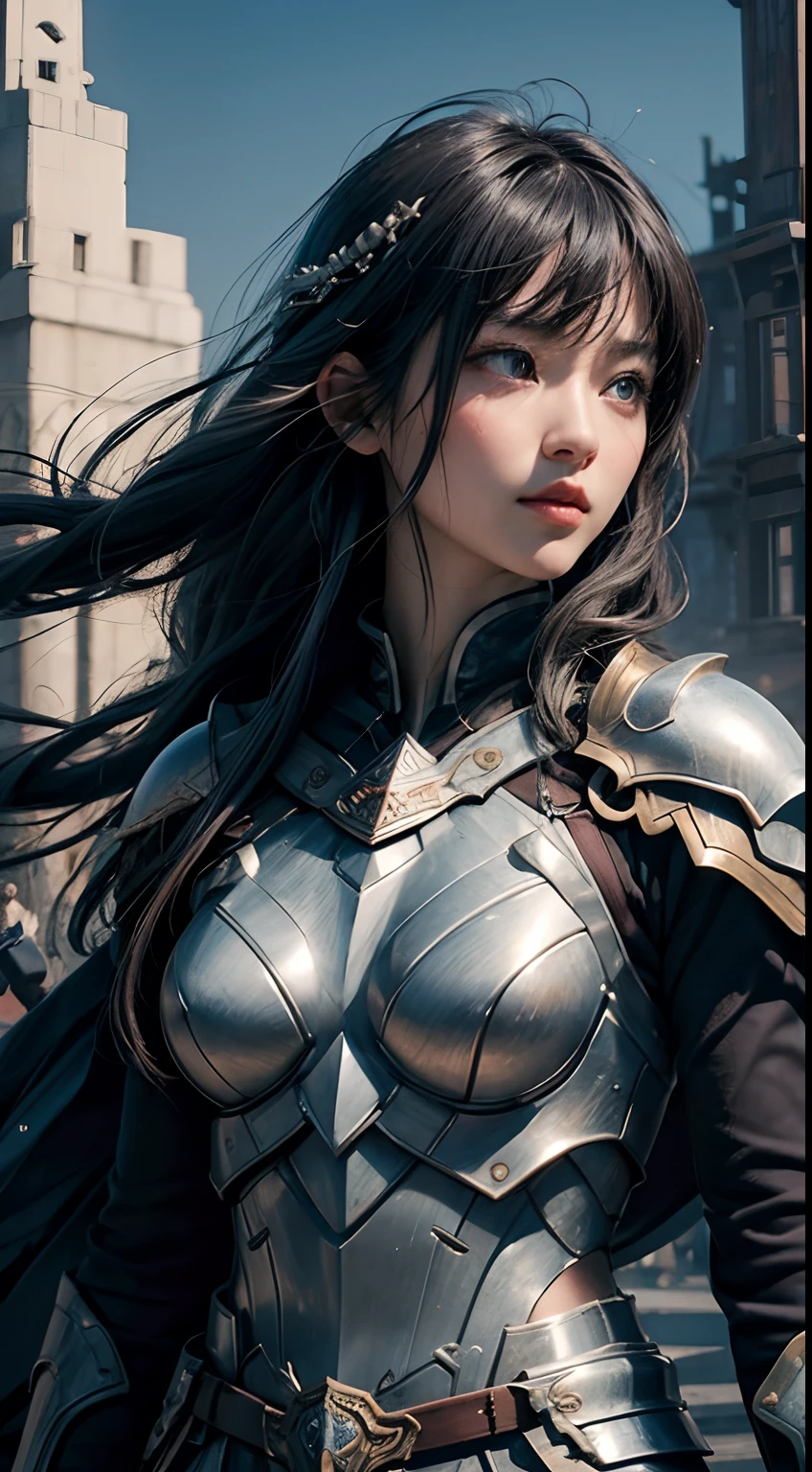 (8K, Raw photography, top-quality, ​masterpiece:1.2),  One Woman、Japan at the age of 18,fullllbody.{scinematic angle、Wide Angle、Don't split the screen、}（Realistic Skins 1.4）、（valkyrie、Valkyria）、（（（Western knights、Plate armor covering the whole body、Metal armor、nffsw、Holding the Great Sword、Flushed face）））、（（（Sky with light、Asgard））、50mm Lens、30mm film、wide angles、（long、）、（A dark-haired、The forehead is hidden by bangs、）、Black eyes、shinny skin、beautiful detailed hair、Beautiful delicate face、Beautiful delicate eyes、｛tiny chest、small tits、muscular body、｝、