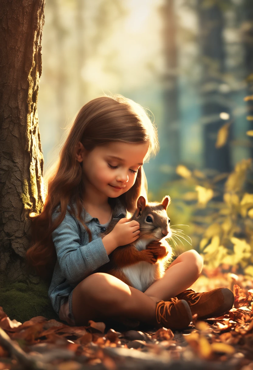 a girl in forest and put a kitten in basket 