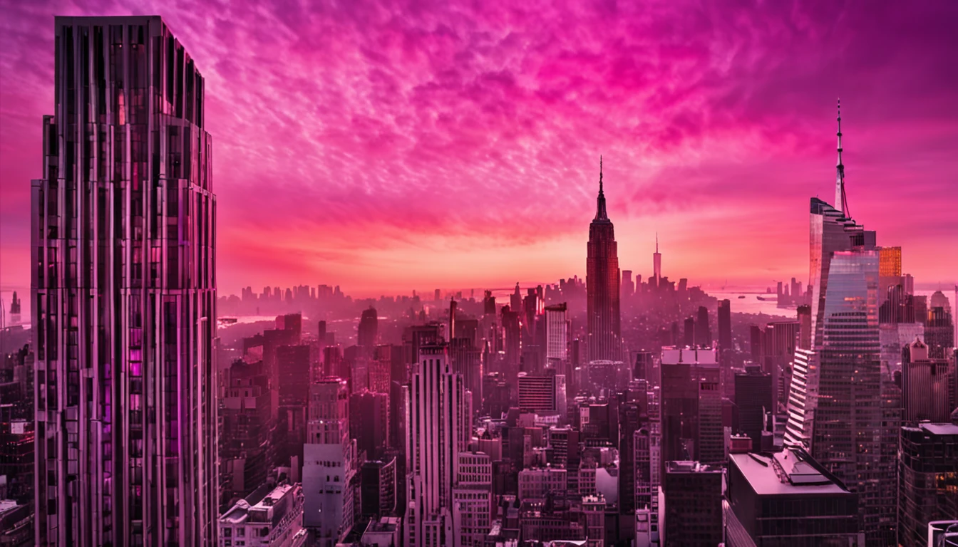 Pink purple sunset in New York City