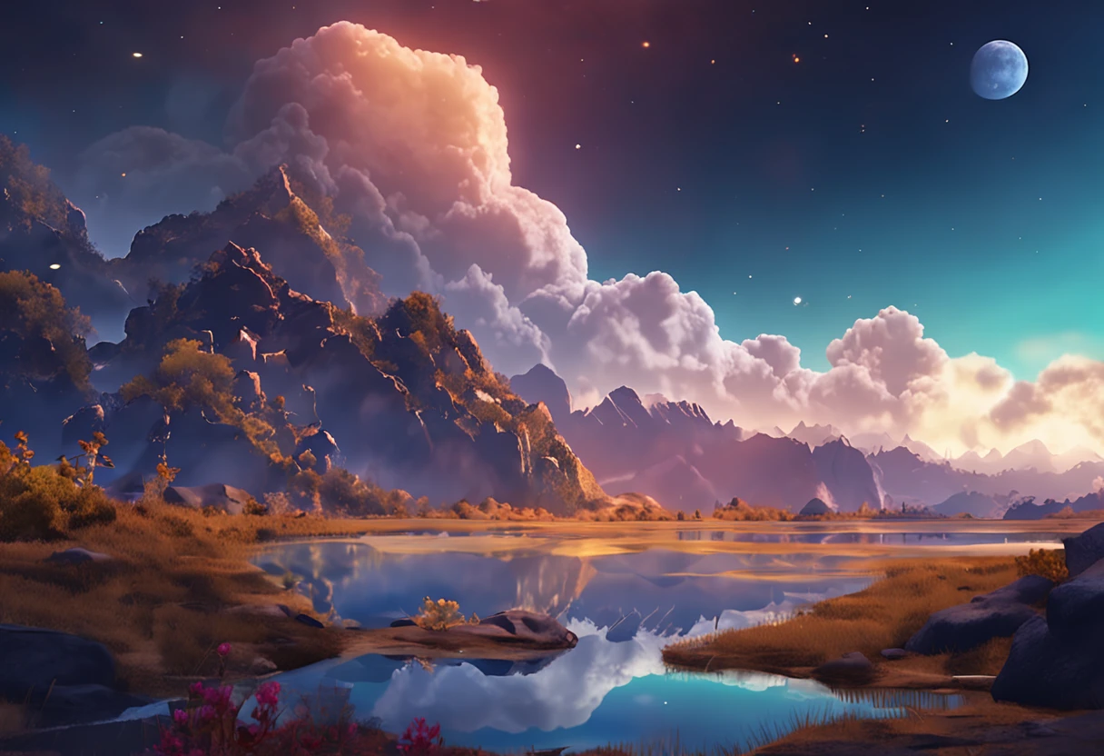 Lakes and mountains、with blue sky and white clouds、Cultivate immortal ancient style、Endless starry sky