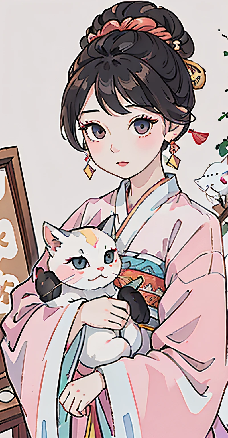 Close-up of a woman in a pink cyan dress and red earrings, Chinese girl, Palace , A girl in Hanfu, China Princess, Realistic cute girl painting, Chinese traditional, Chinese woman, Chinese style, beautiful digital painting, Gorgeous digital painting, lovely digital painting, high quality portrait, Beautiful digital artwork, Beautiful character painting, Korean girl, Princesa chinesa antiga,(Black colored eyes),Holding a white kitten in his hand