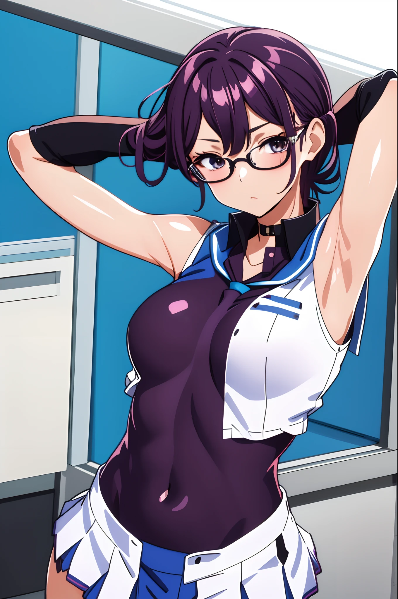 kanzaki rin, sailor uniform , (sleeveless), (detached sleeves), black-framed eyewear, Navel (presenting armpit), arms behind head, hands behind head, arms raised, hands in pockets, standing, (simple background)