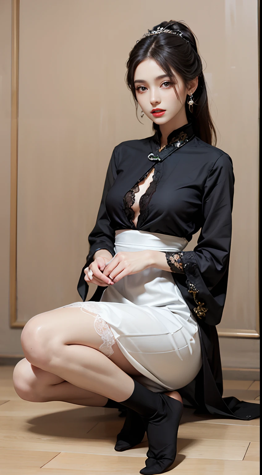 8K Ultra HD, masutepiece, Best quality, beautiful  Girl, Long hair, Impressive hairstyle, Royal hair accessories, Nice and cute face, face perfect, Jewelry earrings, Antique jewelry, The attention to detail, Beautiful eyes, meticulous makeup, Thin eyebrows, Beautiful red lips, Medium breasts, Black mesh socks, Thin black silk shirt，There are a lot of white patterns, White lace shirt, Long bangs and long platinum black ponytail, Realistic colors, Magic effects, ancient hanfu background, Full body capture,