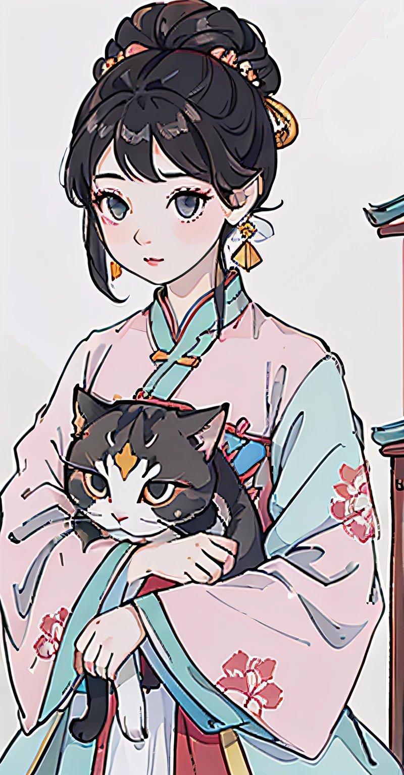 Close-up of a woman in a pink cyan dress and red earrings, Chinese girl, Palace ， A girl in Hanfu, China Princess, Realistic cute girl painting, Chinese traditional, Chinese woman, Chinese style, beautiful digital painting, Gorgeous digital painting, lovely digital painting, high quality portrait, Beautiful digital artwork, Beautiful character painting, Korean girl, Princesa chinesa antiga,（Black colored eyes）,Holding a kitten in his hand