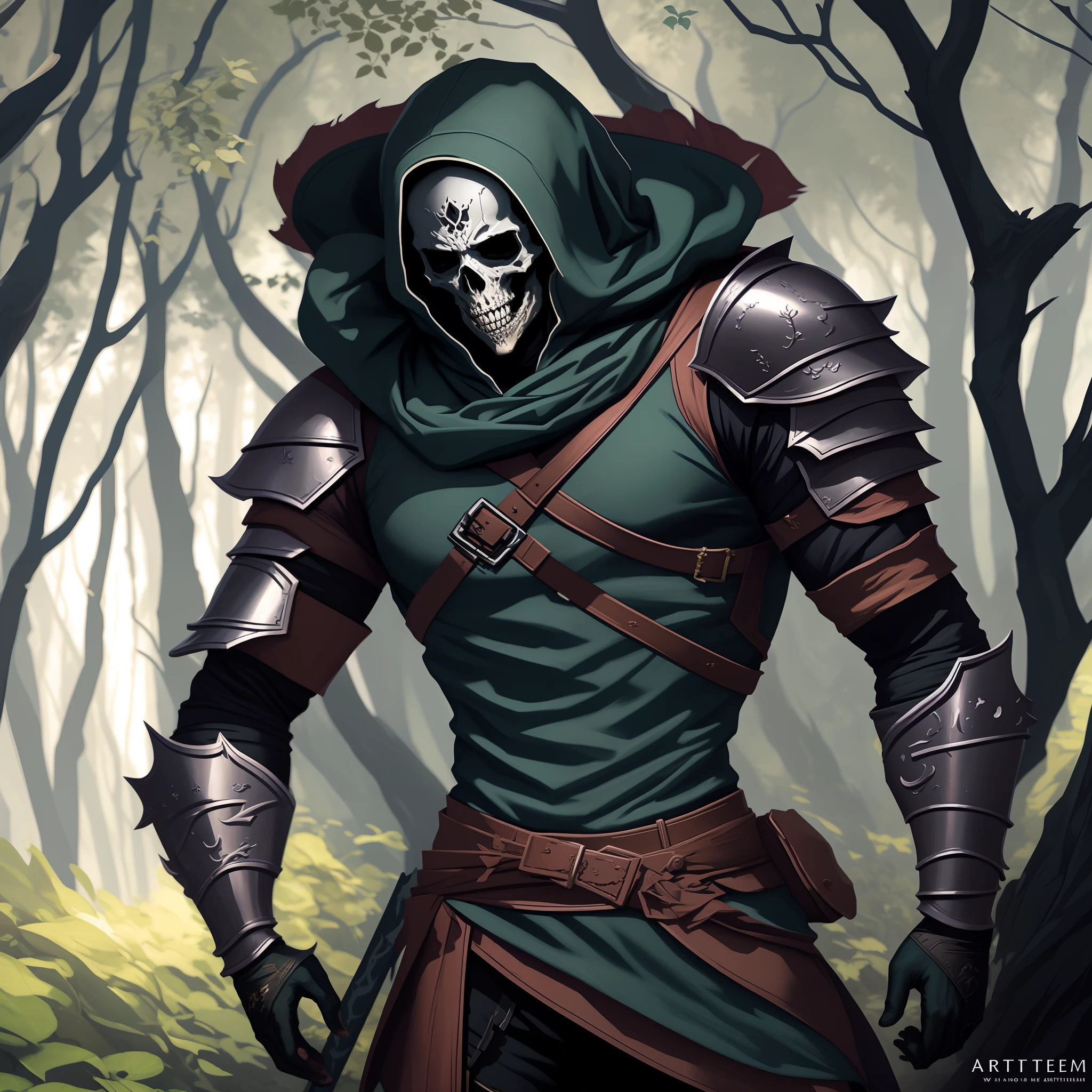 An undead warrior in a dark forest with a green sword and armor, but not a skeleton, in full height, artgerm