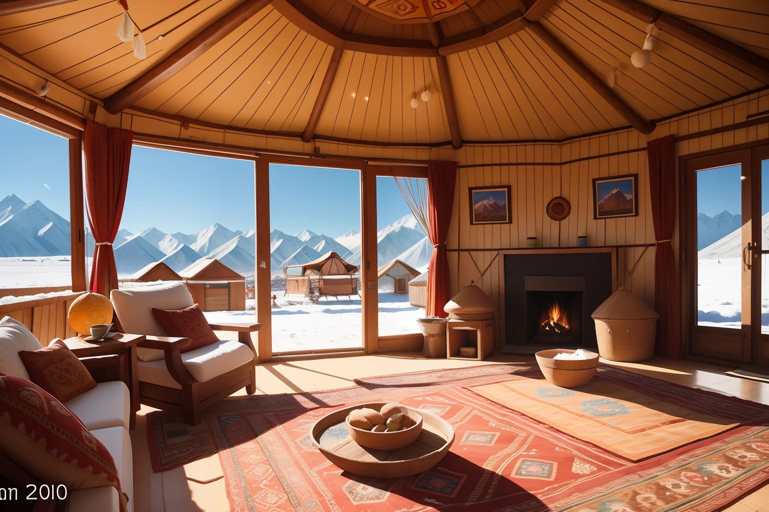 Year: 2010
Country: Kyrgyzstan
Description: In the scenic Issyk-Kul region, a family gathers in their cozy yurt adorned with intricate tapestries. Against the backdrop of snow-capped mountains, they share stories and traditional dishes, enveloped in the warmth of their cultural heritage.