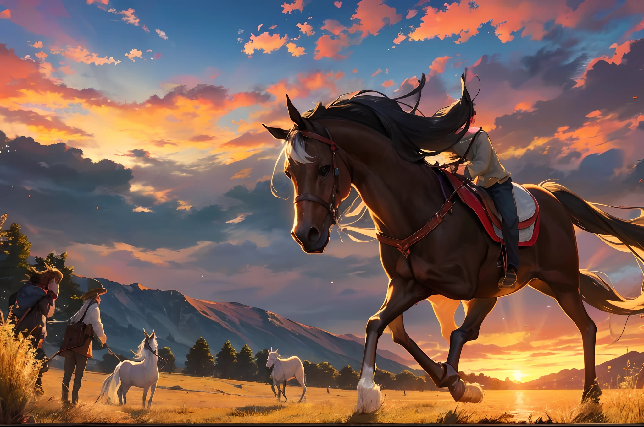 there is a man riding a horse and a man on a horse, stormy and grand war scene, animated movie shot, frame from pixar movie, movie screen shot, epic vfx shot, pixar movie screenshot, still from a fantasy movie, still from a 2015 pixar movie, animated movie scene, vfx shot, cinematic opening shot, stunning vfx, epic cinematography