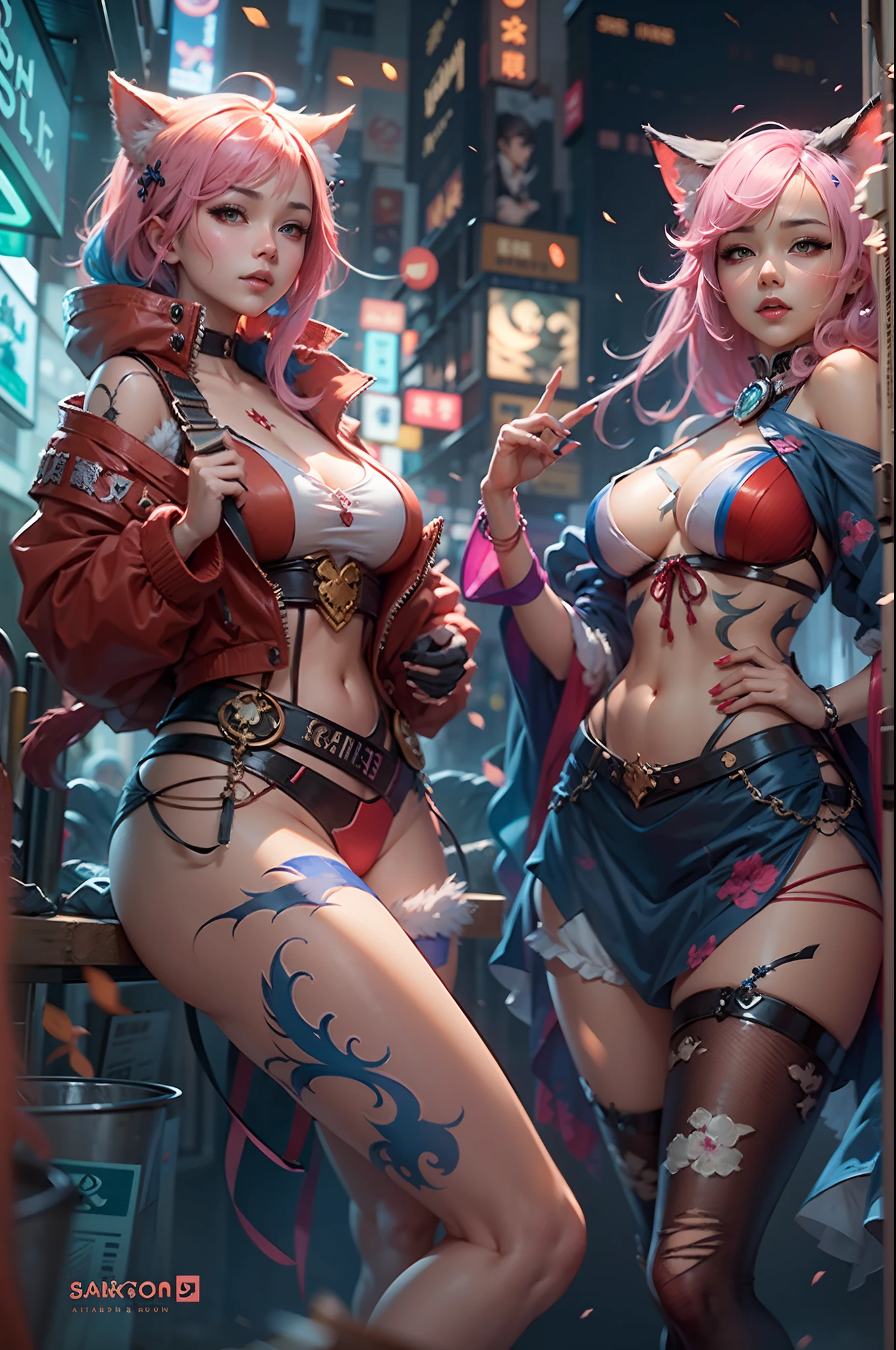 anime - style image of two women with pink and blue hair smal booty dressed in red and blue corset, pose in Akihabara at night for a foto shooting, wlop and sakimichan, attractive cat girl, artwork in the style of guweiz, fantasy art style, 2. 5 d cgi anime fantasy artwork, fanart best artstation, by Yang J, trending on cgstation, wlop and ross tran, guweiz