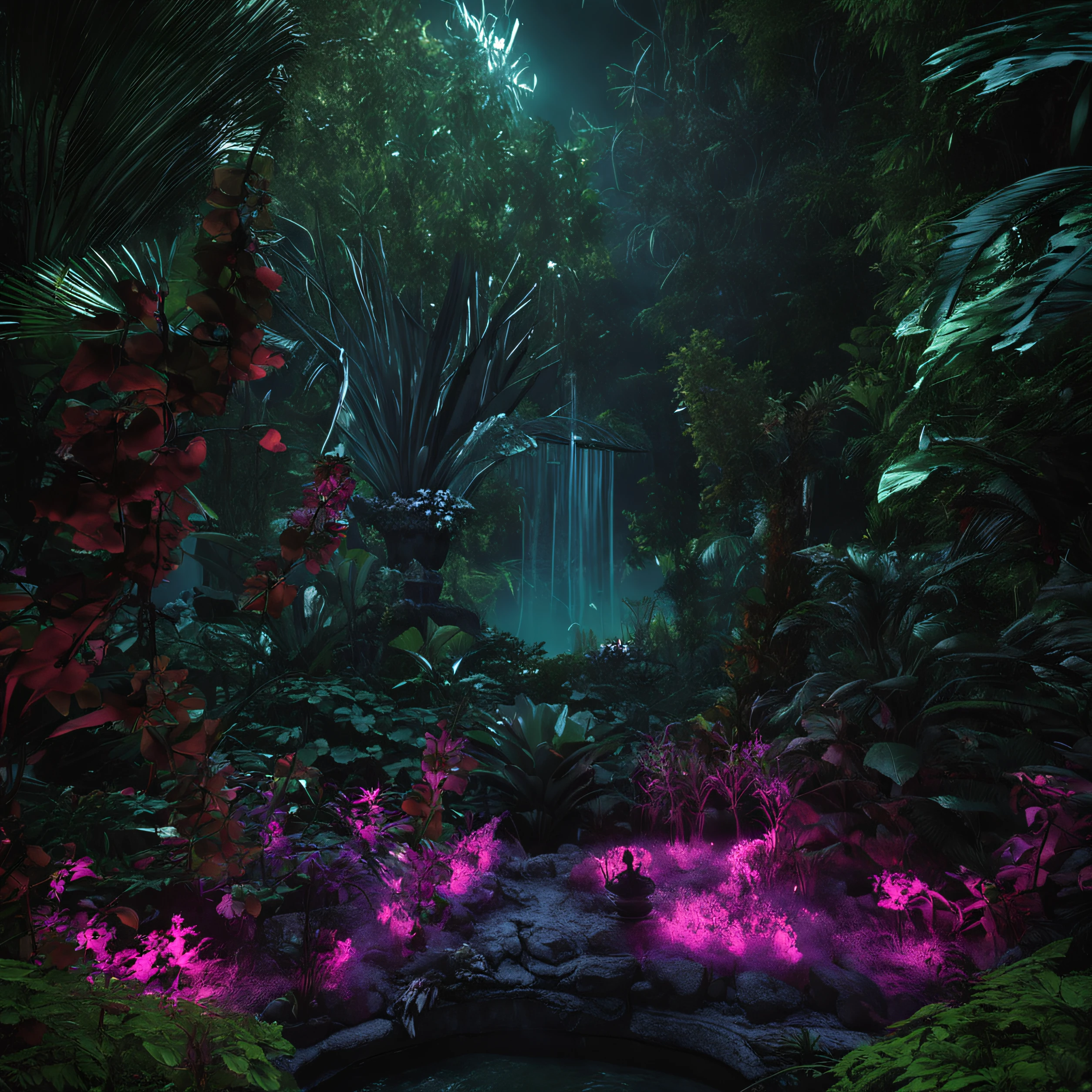 In the center of an enigmatic garden of the night, se alza una figura mitad humano, mitad esqueleto, enveloped in an ethereal light that highlights its contours and contrasts with the surrounding darkness, The garden is a mixture of lush nature and mystical elements, The atmosphere is filled with an air of mystery and connection to the supernatural.. estilo andy warhol.