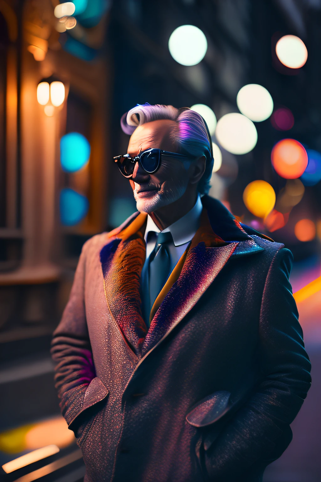 (Full body portrait annie leibovitz fashionista Versace middle-aged 1950s man with intricate colorful modern shiny polarized glasses), flufly cabelo clorful, smily expression, (fotografia digital extremamente detalhada: 1.2), Standing in the middle of the city, (((corpo inteiro))), imagem crua, analogical, Hasselblad, 50asa, f8, 12 millimeters, efeitos de brilho, Raios de Deus, Hand drawn, prestar, 8k, octan render, Cinema 4D, liquidificador, Escuro, atmospheric 4k ultra detailed, cinematic sensual, foco nítido, humorous illustration, grande profundidade de campo, obra-prima, cores, 3d octane render, 4k, arte conceitual, trending in the artstation, hiper realista, cores vivas, Anel luminoso, extremamente detalhado CG unidade de papel de parede 8k, trending in artstation, trend in CGSociety, estilo Pop Art por Yayoi Kusama, intrincado, alto detalhe, Dramatic
, energia pura, light particles, scientific fiction
