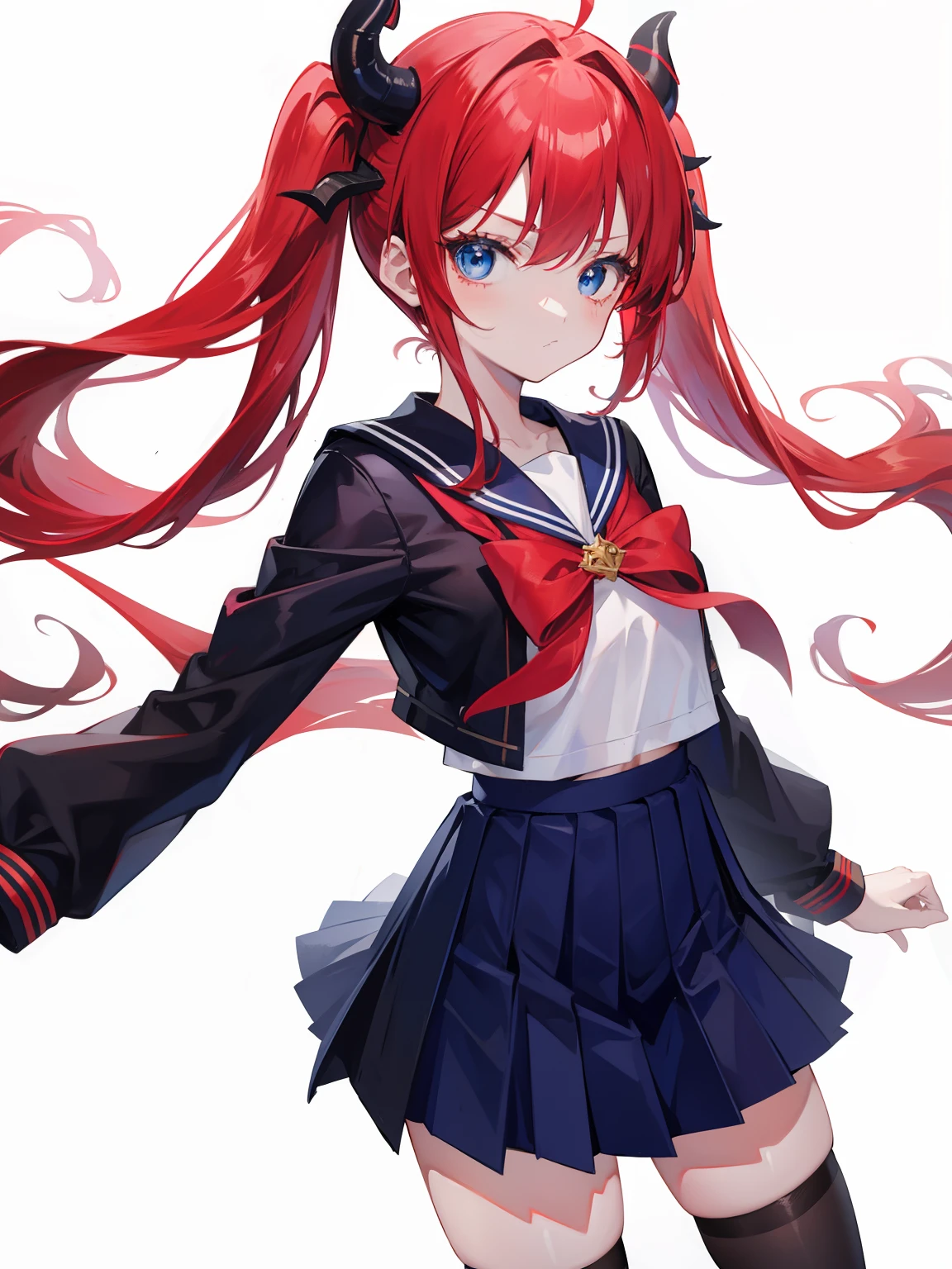 red hair, blue eyes, twintails, Sailor suit,black coat, Pleated skirt,solo,,cute,bow,Dragon horns
