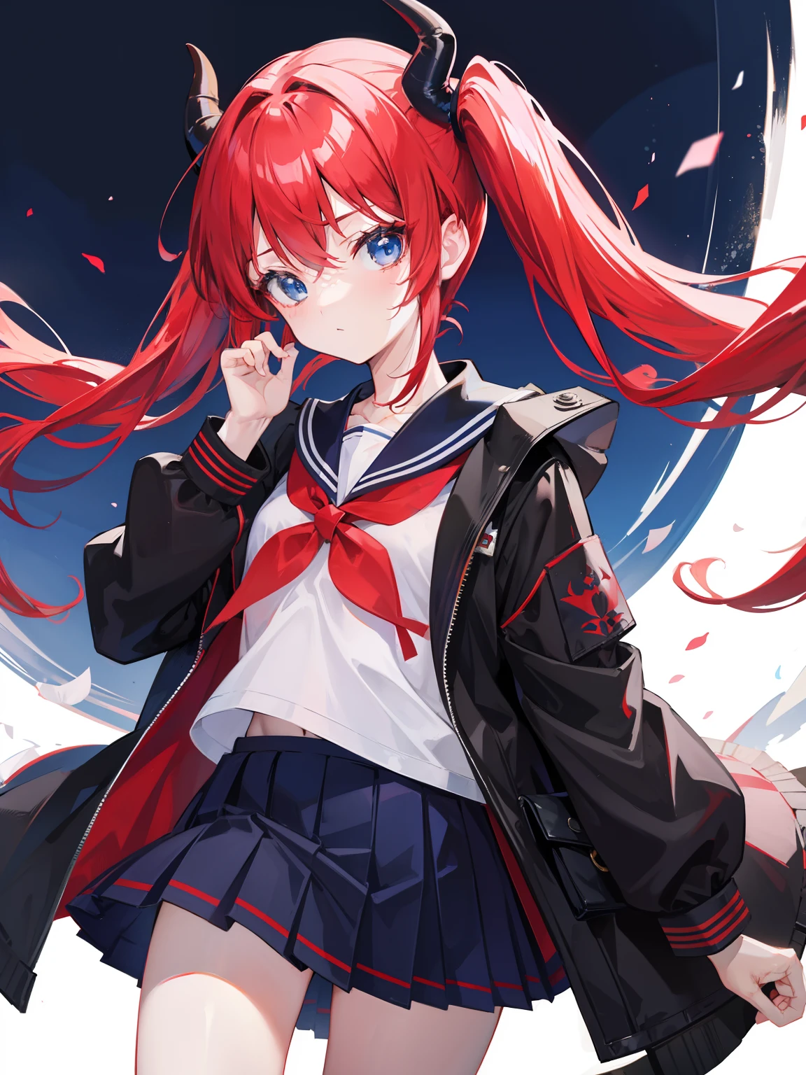 red hair, blue eyes, twintails, Sailor suit,black coat, Pleated skirt,solo,loli,cute,bow,Dragon horns