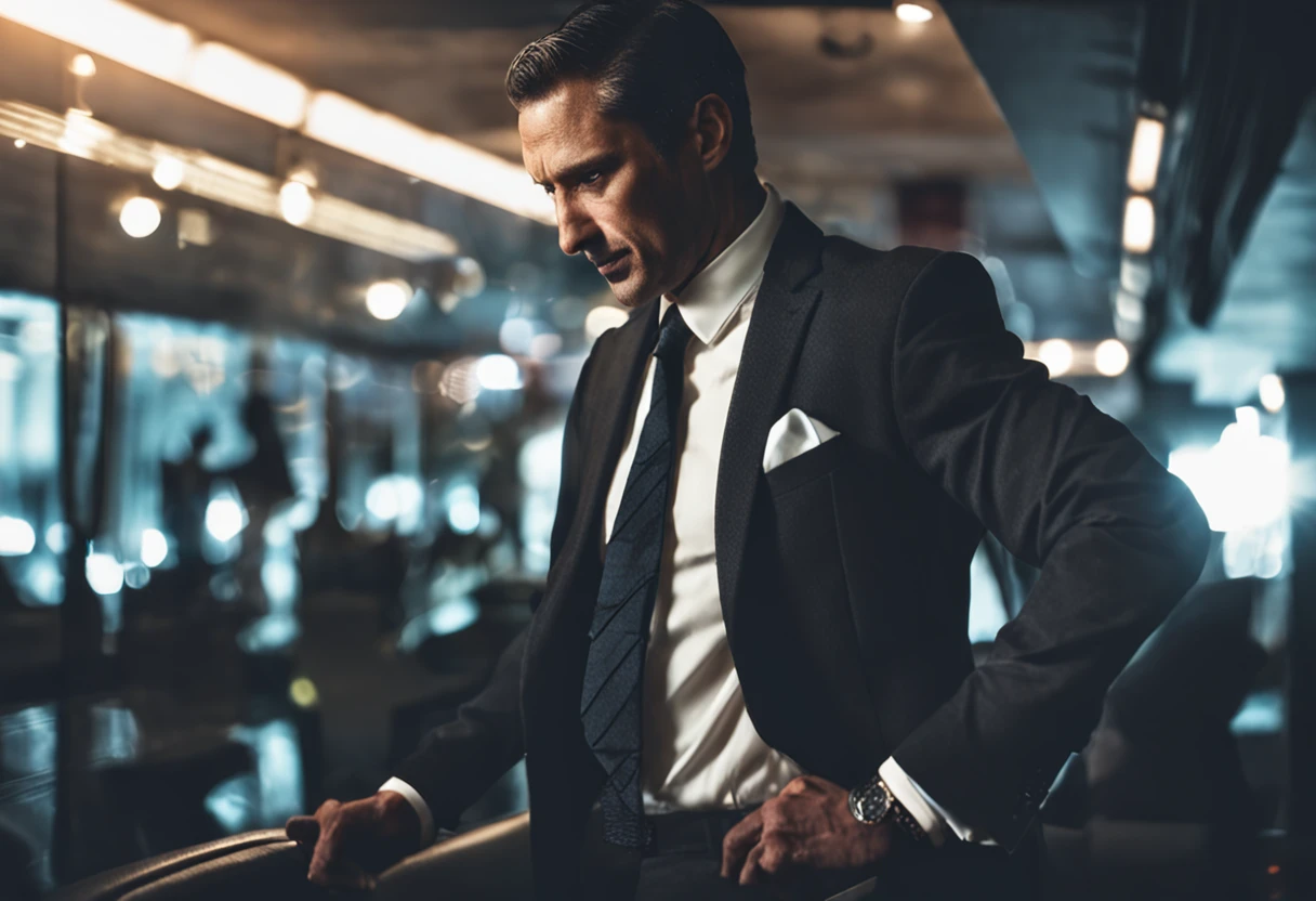 arafed man in a suit adjusting his tie in the dark, wearing a suit and a tie, wearing suit and tie, subject detail: wearing a suit, wearing a suit and tie, wearing business suit, wearing a business suit, wearing suit, wearing robes and neckties, suit and tie, wearing a suit, wearing a strict business suit, wearing black business suit