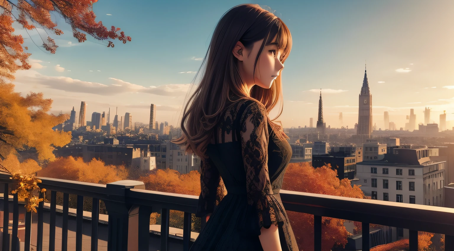 Girl in a beautiful lace dress against the backdrop of an autumn city