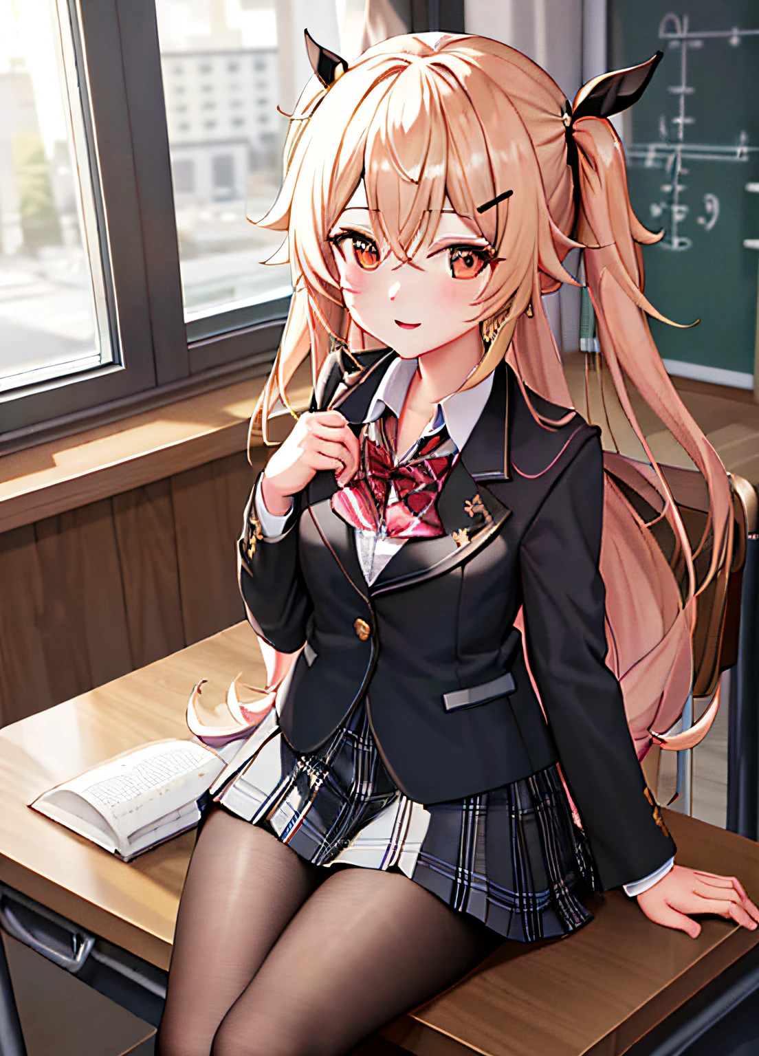 best quality, ((masterpiece)),extremely details, ultra high res, illustration,1girl,lumine \(genshin impact\),skirt, jacket, plaid_skirt, plaid, desk, blazer, solo, book, classroom, school_desk, hair_ornament, indoors, school_uniform,looking_at_viewer, pleated_skirt, blush, window, black_jacket, shirt, long_sleeves, mole, hairclip, collared_shirt
