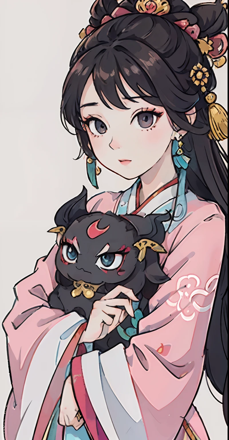 Close-up of a woman in a pink cyan dress and red earrings, Chinese girl, Palace , A girl in Hanfu, China Princess, Realistic cute girl painting, Chinese traditional, Chinese woman, Chinese style, beautiful digital painting, Gorgeous digital painting, lovely digital painting, high quality portrait, Beautiful digital artwork, Beautiful character painting, Korean girl, Princesa chinesa antiga,(Black colored eyes),Holding a cyan Chinese dragon in his hand
