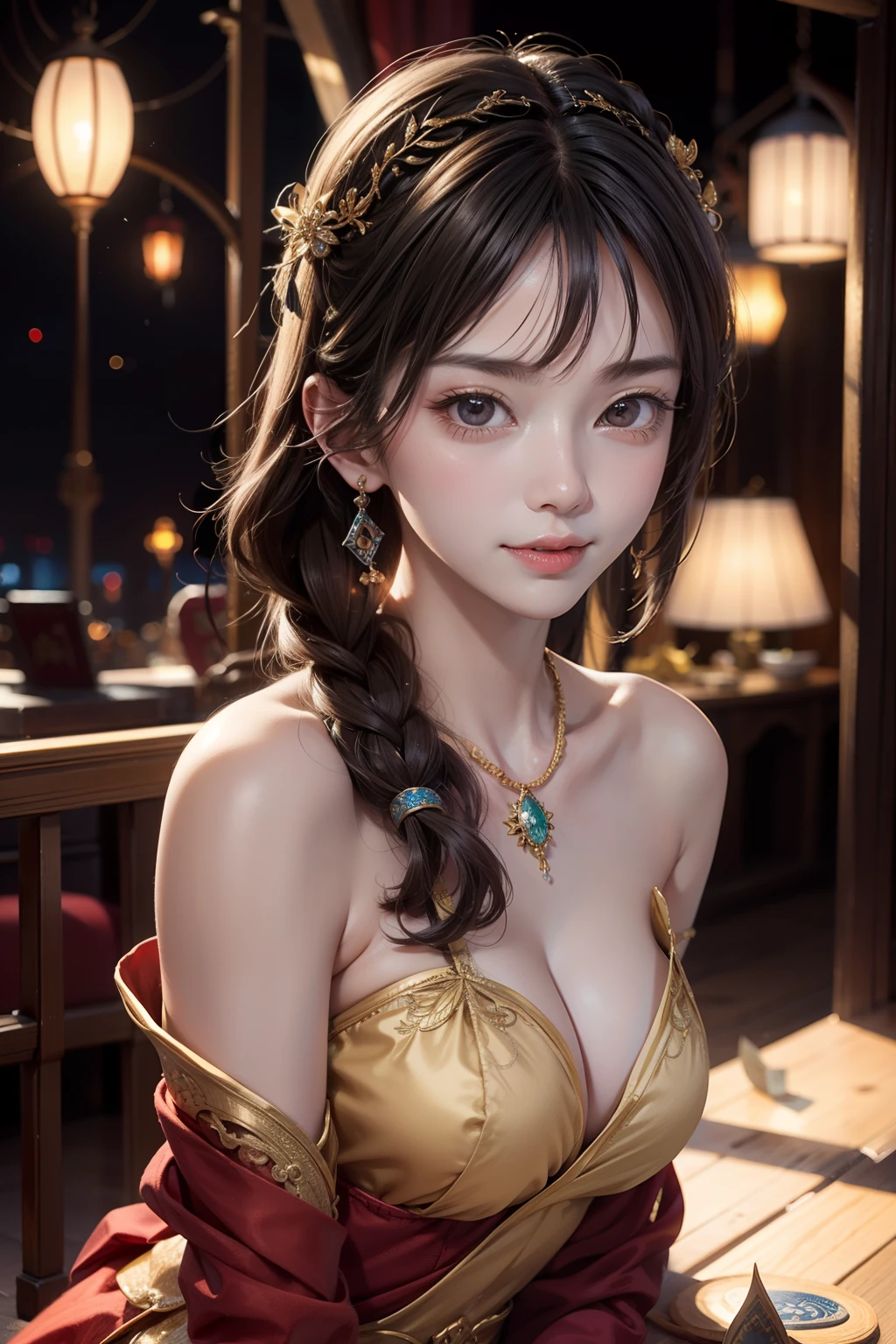 Fu Xuan,(Exquisite illustrations:1.4),(tmasterpiece:1.0), (best qualtiy:1.4), (超高分辨率:1.2), (realisticlying:1.4), (8K, RAW photos:1.2), (soft focus:1.4), (18yr old:1.3), (Sharp focus:1.4), Beautiful face with details, happy smile, dancing in the universe