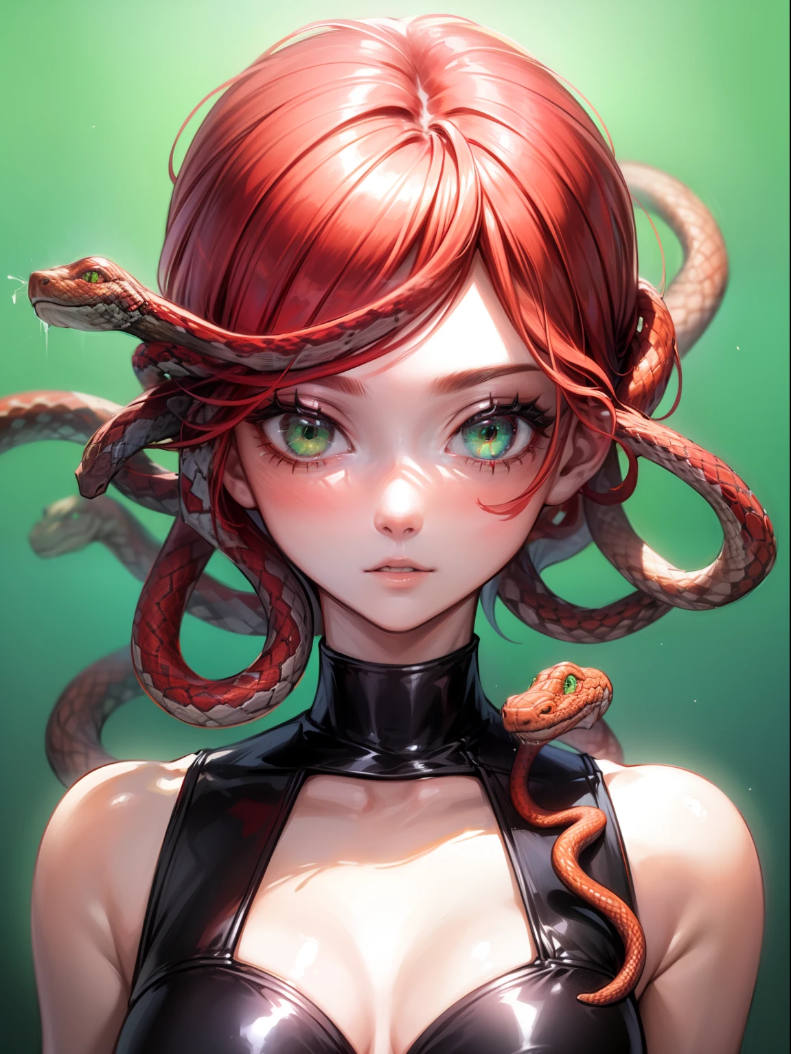 1girl,solo focus,(snake hair:1.2), red hairs,medium hairs, green eyes,portrait