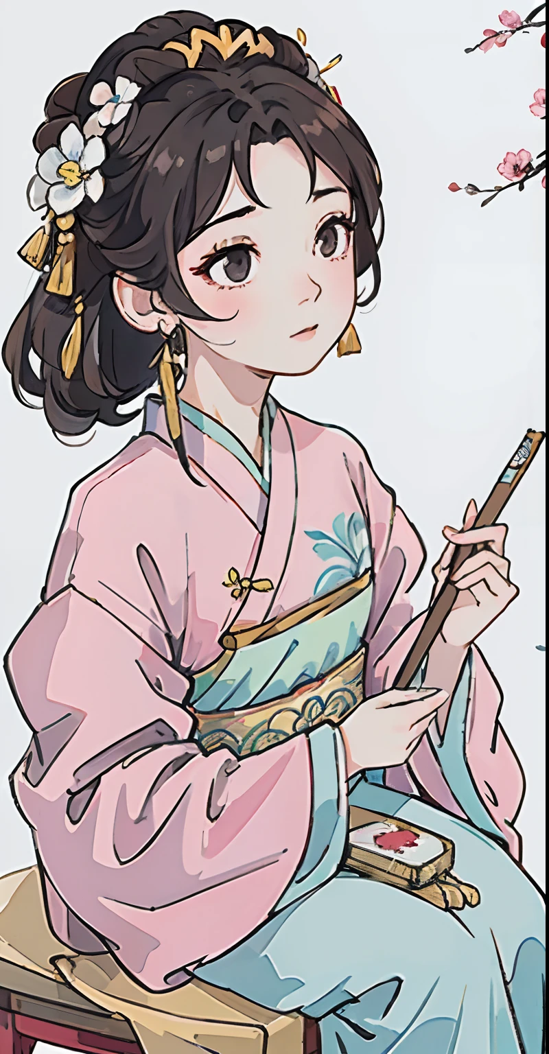 Close-up of a woman in a pink cyan dress and red earrings, Chinese girl, Palace , A girl in Hanfu, China Princess, Realistic cute girl painting, Chinese traditional, Chinese woman, Chinese style, beautiful digital painting, Gorgeous digital painting, lovely digital painting, high quality portrait, Beautiful digital artwork, Beautiful character painting, Korean girl, Princesa chinesa antiga,(Black colored eyes),Holding a stick of flowers in his hand