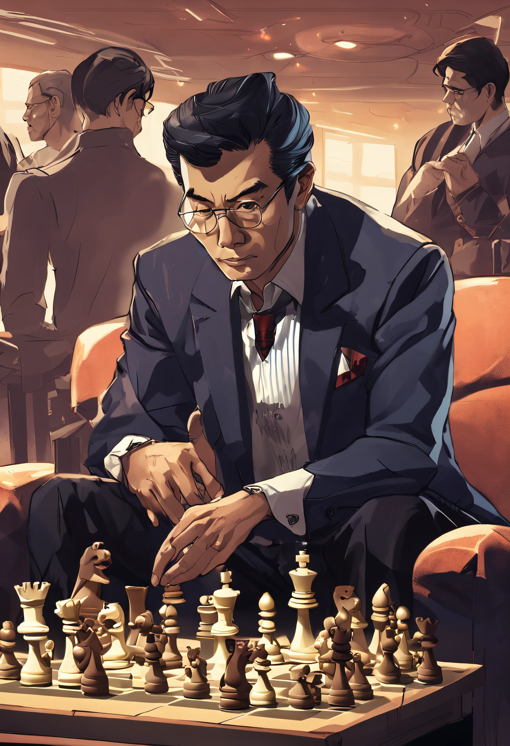 Create a visual representation of Ayanokoji Kiyotaka demonstrating his strategic skill, manipulating chess pieces while watching your opponents with a calculating gaze."