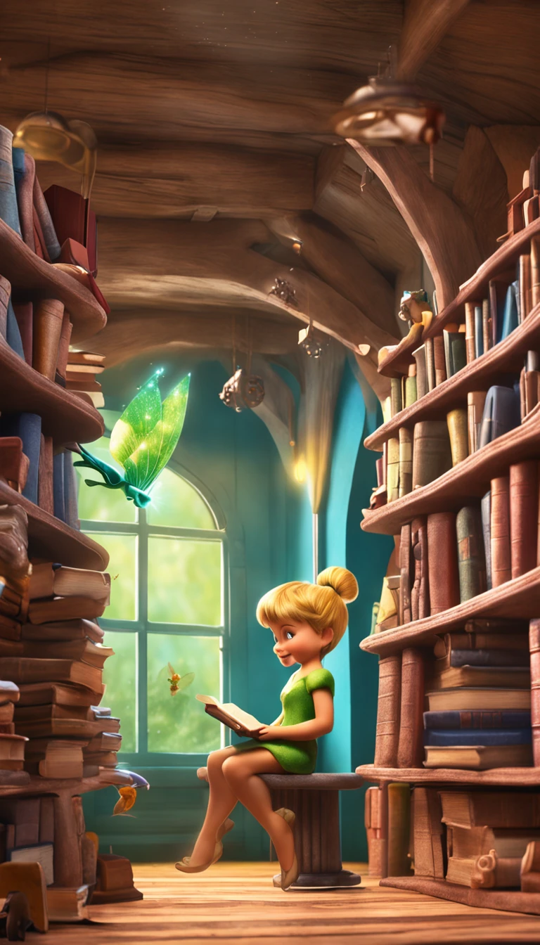 Tinker Bell and Dewey discovering a hidden library full of magical books