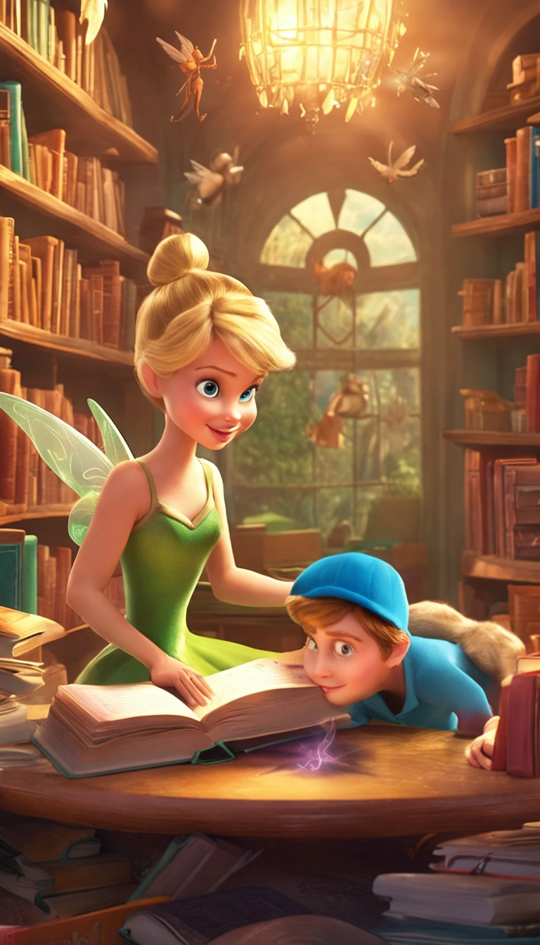 Tinker Bell and Dewey discovering a hidden library full of magical books