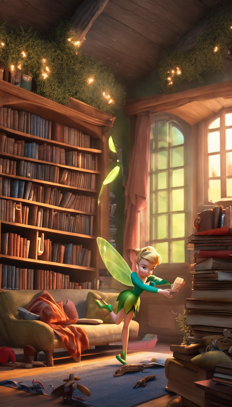 Tinker Bell and Dewey discovering a hidden library full of magical books