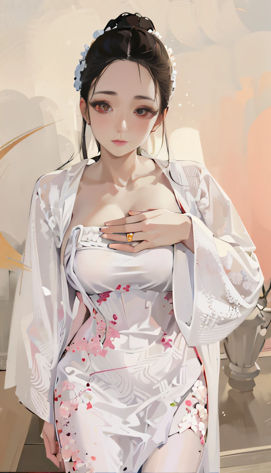 （best qualtiy，tmasterpiece：1.3）， （detailedfacialfeatures）， 1girll，Black transparent tights，Black tights，Naked female black，Short white coat，The fog is hazy，peach blossom，Peach blossoms fly，Ancient Chinese architectural background，lanterns，