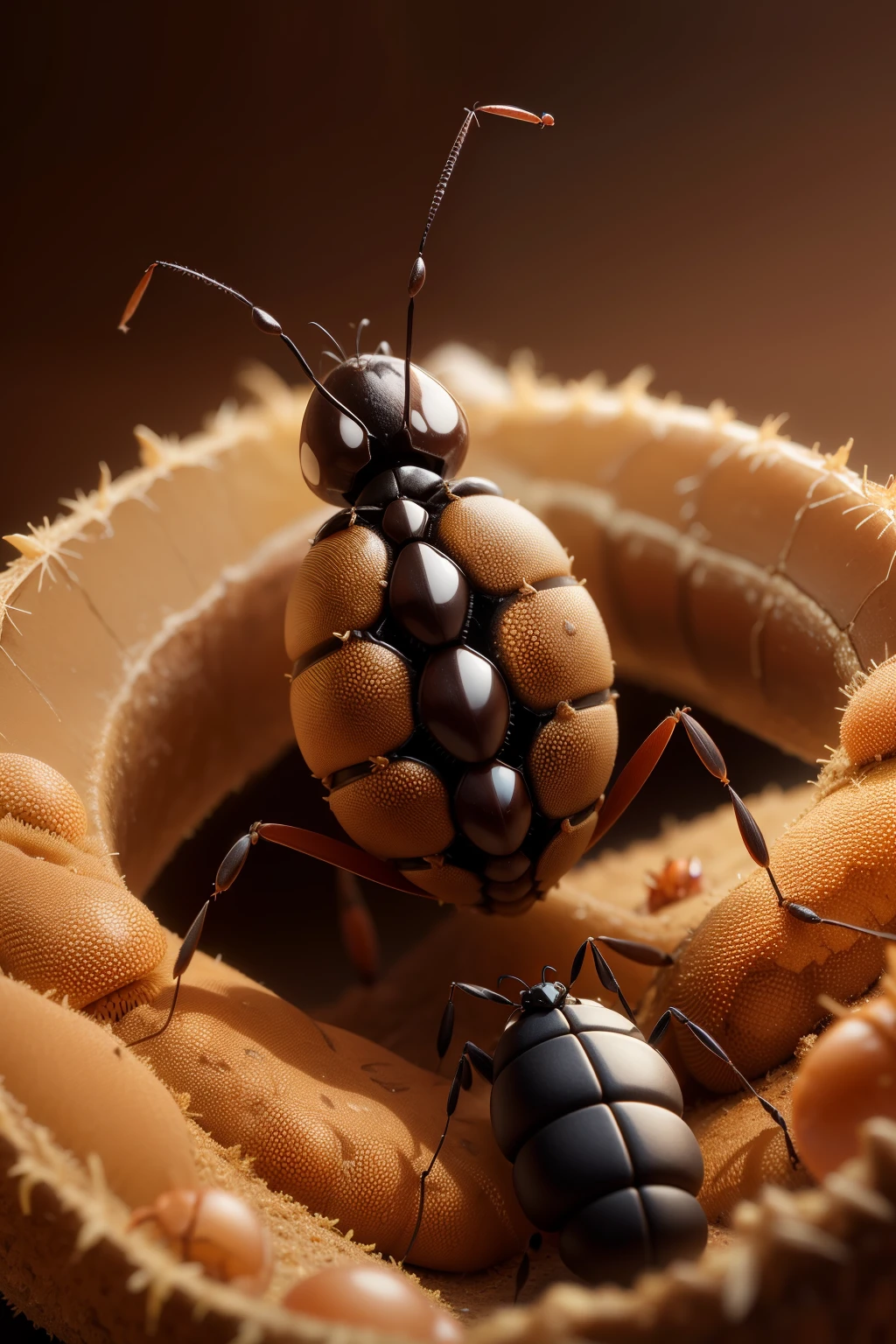 Spawn a large ant,The ant species is the queen,The scene is,Queen ants lay eggs in ant nests,Other different species of ants are added around