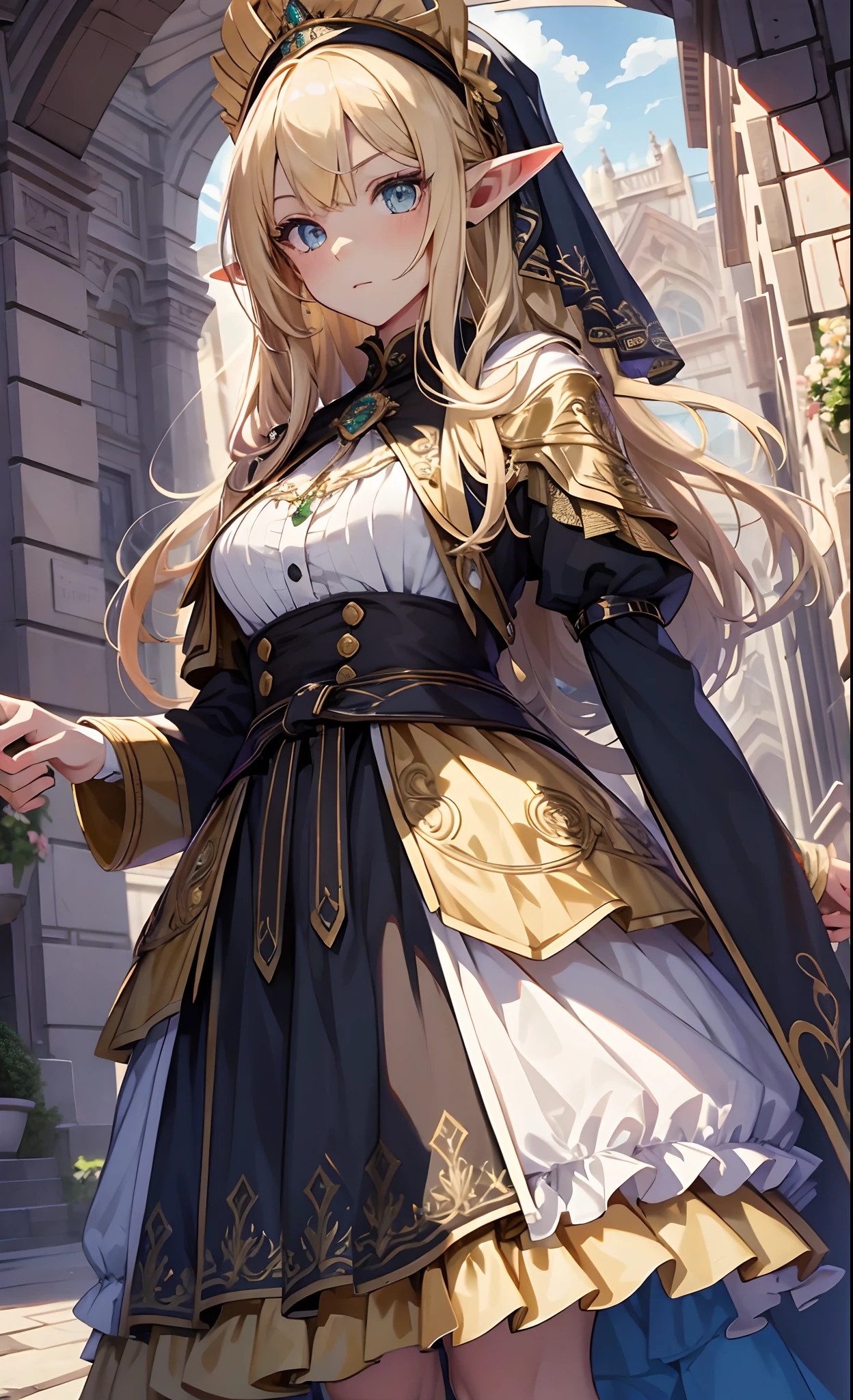 best qualityer,tmasterpiece,Ultimate resolution,downy,Extremely colorful,Colorful,western regions,elf girl, Dancer,blond hairbl,dress costumes,flowers in hair, veils,Normal posture