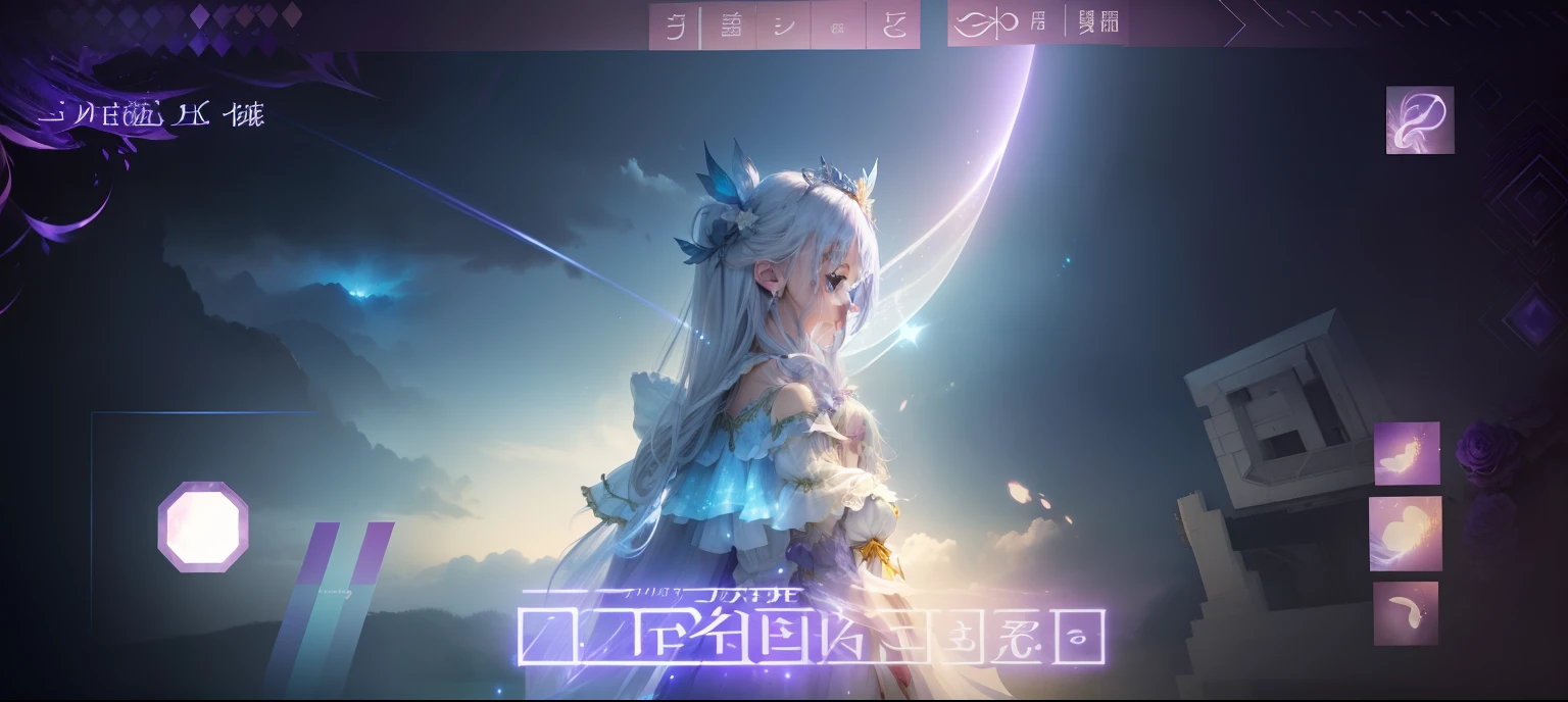 The girl wears a gorgeous white fairy costume,Soft light poured on her,She has bright blue eyes,The hair is colorful and shiny silver、red colour、purpleish color、yellow and greens,She stood at the water's edge,A watercolor picture shimmers in the afterglow of the sky。