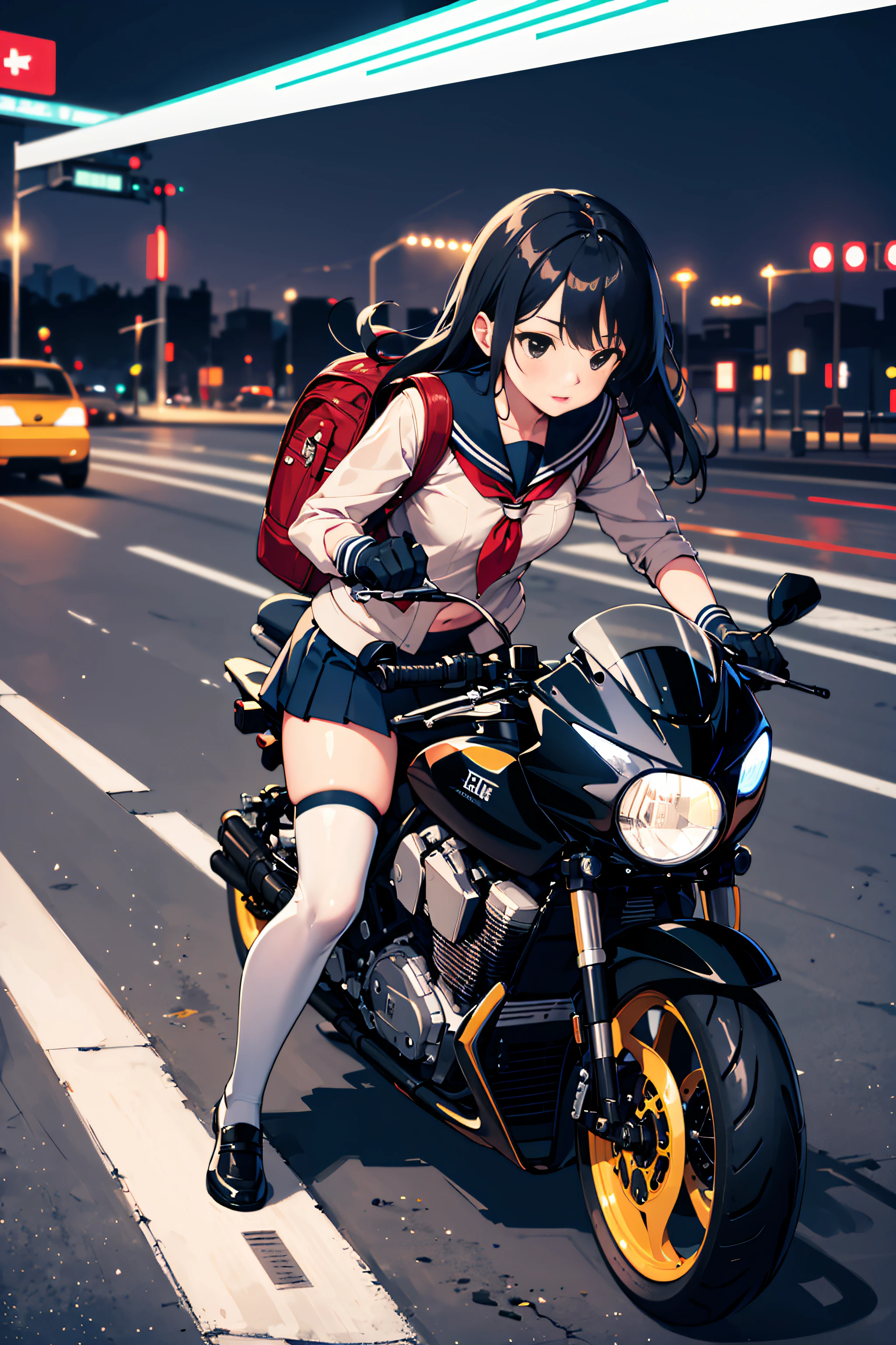 masterpiece, best quality, 1girl, solo, jacket, school uniform, serafuku, thighhighs, wearing gloves, wearing backpack, black hair, black eyes, cyberpunk, street, machinery, motor vehicle, motorcycle, panorama, wearing helmet, speed line, depth of field, motion blur, perspective, panorama, riding, floating hair, night, neon trim, hand on hand grip,